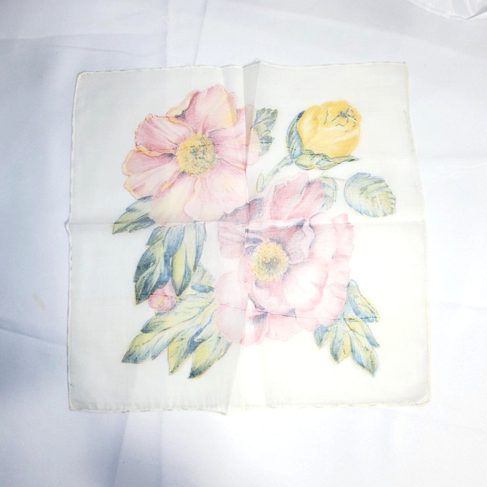 Vintage Floral Print Handkerchief 13"‎ Square Cotton Blend Pink Yellow Flowers - Picture 8 of 8